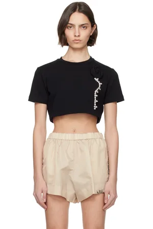 AREA Black Crystal Rosette Cropped T-shirt