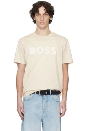 HUGO BOSS Beige Cotton-Jersey Logo Print T-shirt