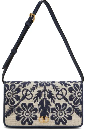 VALENTINO GARAVANI Beige & Navy VLogo Signature Jacquard Flowers Bag
