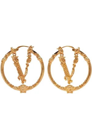 Versace Virtus V Logo Medusa Head Large Silver Hoop Statement Drop Earrings