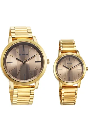 Sonata Alloy Pairs Quartz Analog Brown Stainless Steel Strap for Couple