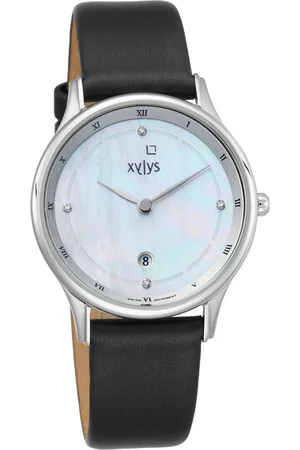 XYLYS Swiss Analog with Date Black Leather Strap Mother of Pearl Dial Watch For Women