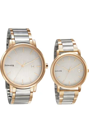 Sonata Quartz Analog with Date White Dial Metal Strap Watch for Couple