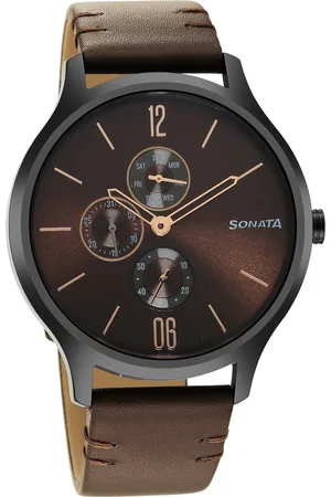 Sonata Quartz Multifunction Brown Dial Leather Strap Watch for Men