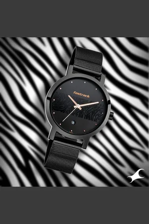 Fastrack Animal Print Quartz Analog with Date Black Dial Stainless Steel Strap Watch for Girls