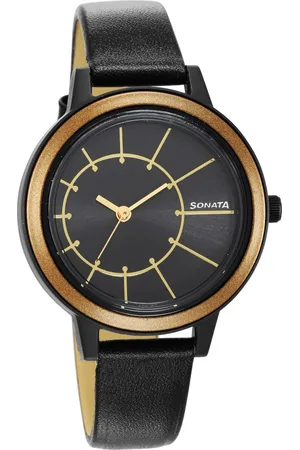 Sonata Pop Black Dial Women Watch With Leather Strap