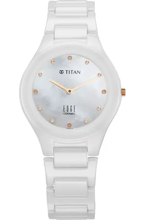 Titan Edge Ceramic Quartz in Arctic White with Diamonds and Rich Mother Of Pearl Dial Watch for Women
