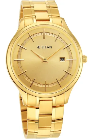Titan Classique Slimline Champagne Dial Analog with Day and Date Stainless Steel Strap Watch for Men