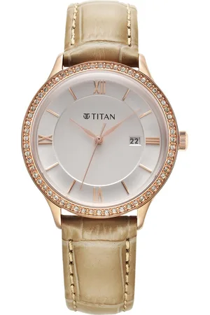 Titan Bright Leathers Silver Dial Analog with Date Leather Strap Watch for Women