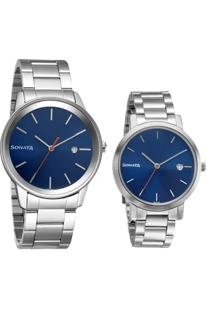 Sonata Quartz Analog with Date Blue Dial Metal Strap Watch for Couple