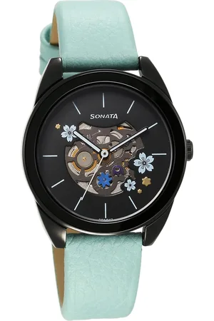 Sonata Unveil Quartz Multifunction Black Dial Leather Strap Watch for Women