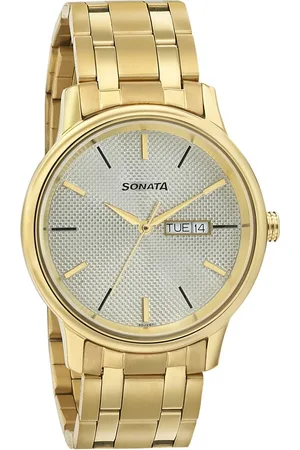 Sonata Quartz Analog with Day and Date Champagne Dial Metal Strap Watch for Men