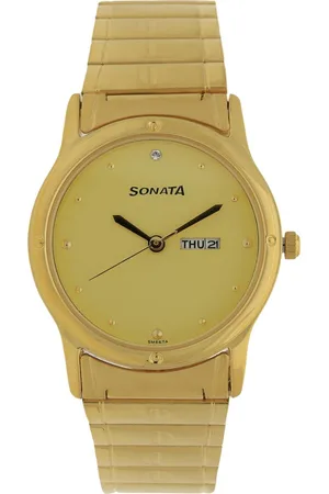 Sonata Quartz Analog Champagne Dial Stainless Steel Strap Watch for Men