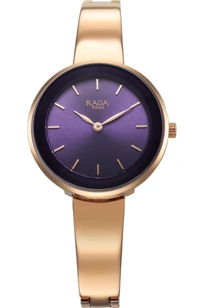 Titan Raga Showstopper Quartz Analog Purple Round Dial Rose Gold Metal Strap Watch For Women
