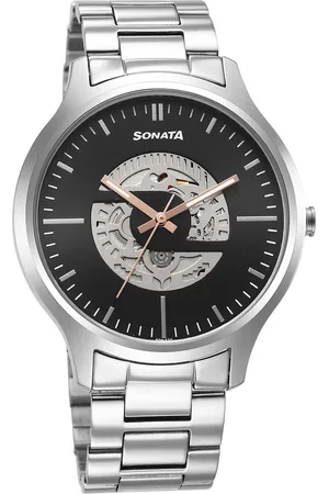 Sonata Unveil Quartz Multifunction Black Dial Stainless Steel Strap Watch for Men