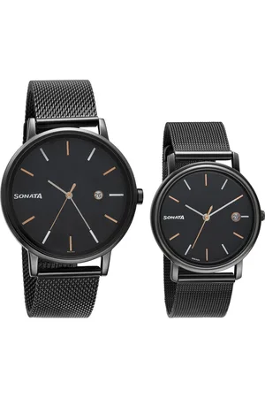 Sonata Quartz Analog with Date Black Dial Metal Strap Watch for Couple