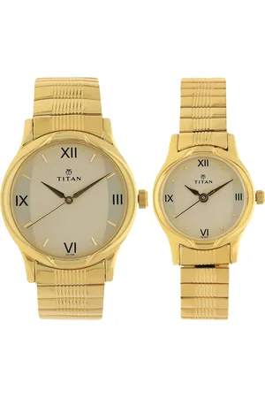 Titan Quartz Analog Champagne Dial Metal Strap Watch for Couple