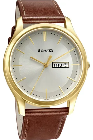 Sonata Quartz Analog with Day and Date Champagne Dial Leather Strap Watch for Men