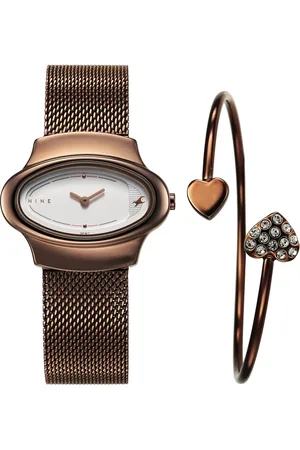 Fastrack Pulse Quartz Analog White Dial Brown Stainless Steel Strap Watch For Girls
