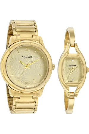 Sonata Quartz Analog Beige Dial Stainless Steel Strap Watch for Couple