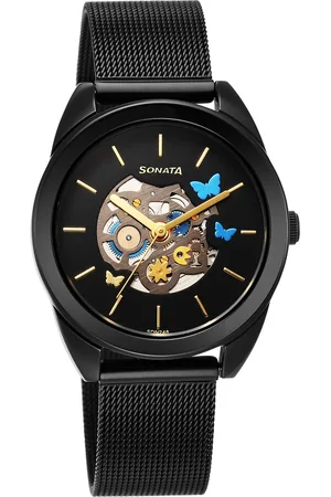 Sonata Unveil Quartz Multifunction Black Dial Stainless Steel Strap Watch for Women