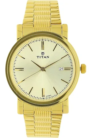 Titan Quartz Analog with Date Champagne Dial Golden Stainless Steel Strap Watch For Men