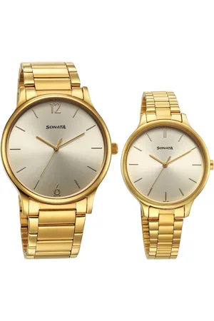 Sonata Pair Quartz Analog Champagne Dial Stainless Steel Strap Watch for Couple