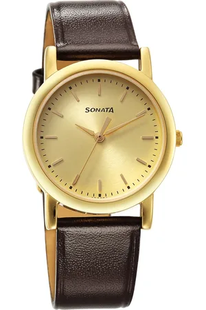 Sonata Classic Quartz Analog Champagne Dial Brown Leather Strap Watch for Men