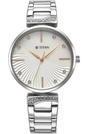 Titan Purple Style Up Quartz Analog Mother Of Pearl Dial Stainless Steel Strap Watch for Women