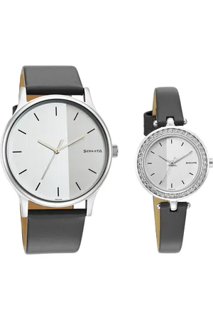 Sonata Quartz Analog Silver Dial Leather Strap Watch for Couple