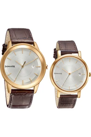 Sonata Quartz Analog with Date White Dial Leather Strap Watch for Couple