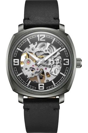 Kenneth Cole Mechanical Hand Wound Analog Mechanical Black Dial Black Leather Strap Watch For Men