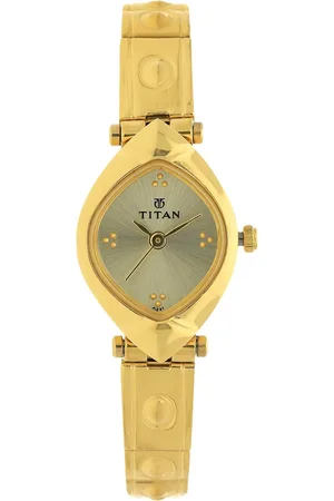 Titan Quartz Analog Champagne Dial Watch For Women With Golden Stainless Steel Strap