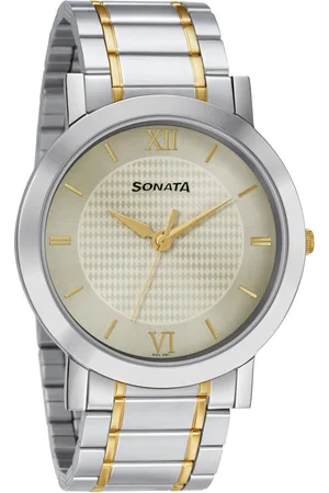Sonata Quartz Analog Champagne Dial Stainless Steel Strap Watch for Men