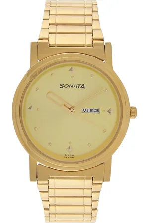 Sonata Quartz Analog Champagne Dial Metal Strap Watch for Men