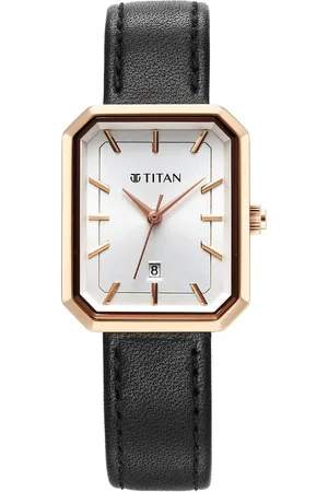 Titan Minimalists Quartz Analog with Date Silver Dial Black Leather Strap Watch for Women