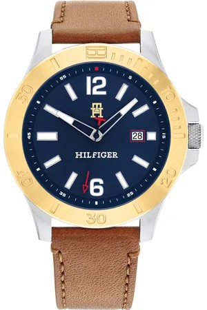 Tommy Hilfiger Quartz Analog with Date Blue Dial Brown Leather Strap Watch For Men