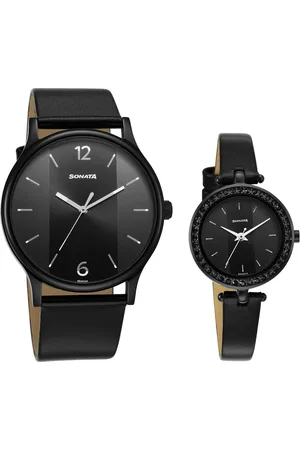 Sonata Quartz Analog Black Dial Leather Strap Watch for Couple