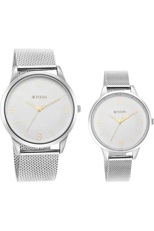 Titan Quartz Analog White Dial Stainless Steel Strap Watch for Couple