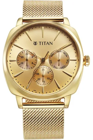 Titan Classique Suave Quartz Yellow Dial Golden Stainless Steel Mesh Strap Watch for Men