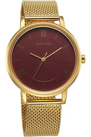 Sonata Utsav Quartz Analog Red Dial Stainless Steel Strap Watch for Men