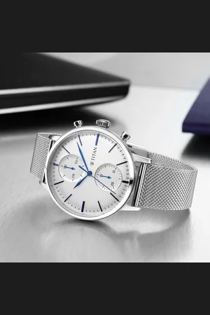 Titan Light Leathers Multifunction Silver Dial Silver Stainless Steel Strap Watch For Men