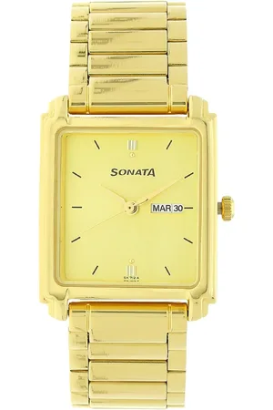 Sonata Quartz Analog with Day and Date Champagne Dial Metal Strap Watch for Men