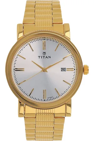 Titan Quartz Analog with Date Silver Dial Golden Stainless Steel Strap Watch For Men