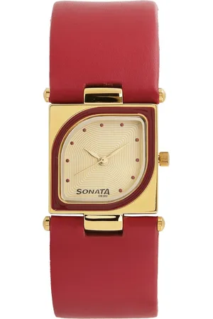 Sonata Quartz Analog Champagne Dial Red Leather Strap Watch For Women