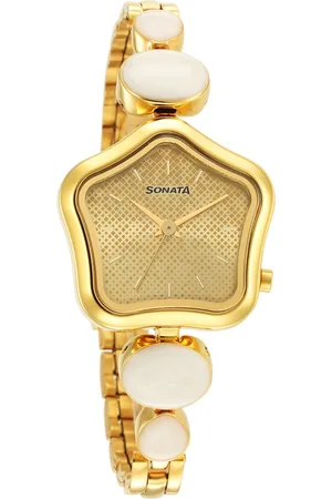 Sonata Utsav Beige Dial Yellow Bi Metal Strap Watch for Women