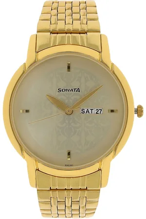 Sonata Quartz Analog with Day and Date Champagne Dial Stainless Steel Strap Watch for Men