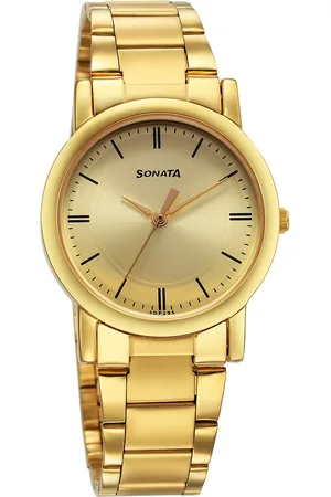 Sonata Classic Quartz Analog Champagne Dial Golden Stainless Steel Strap Watch for Men