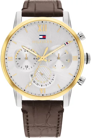 Tommy Hilfiger Multifunction Silver Round Dial Brown Leather Strap Watch For Men