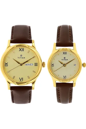 Titan Quartz Analog with Day and Date Champagne Dial Leather Strap Watch for Couple